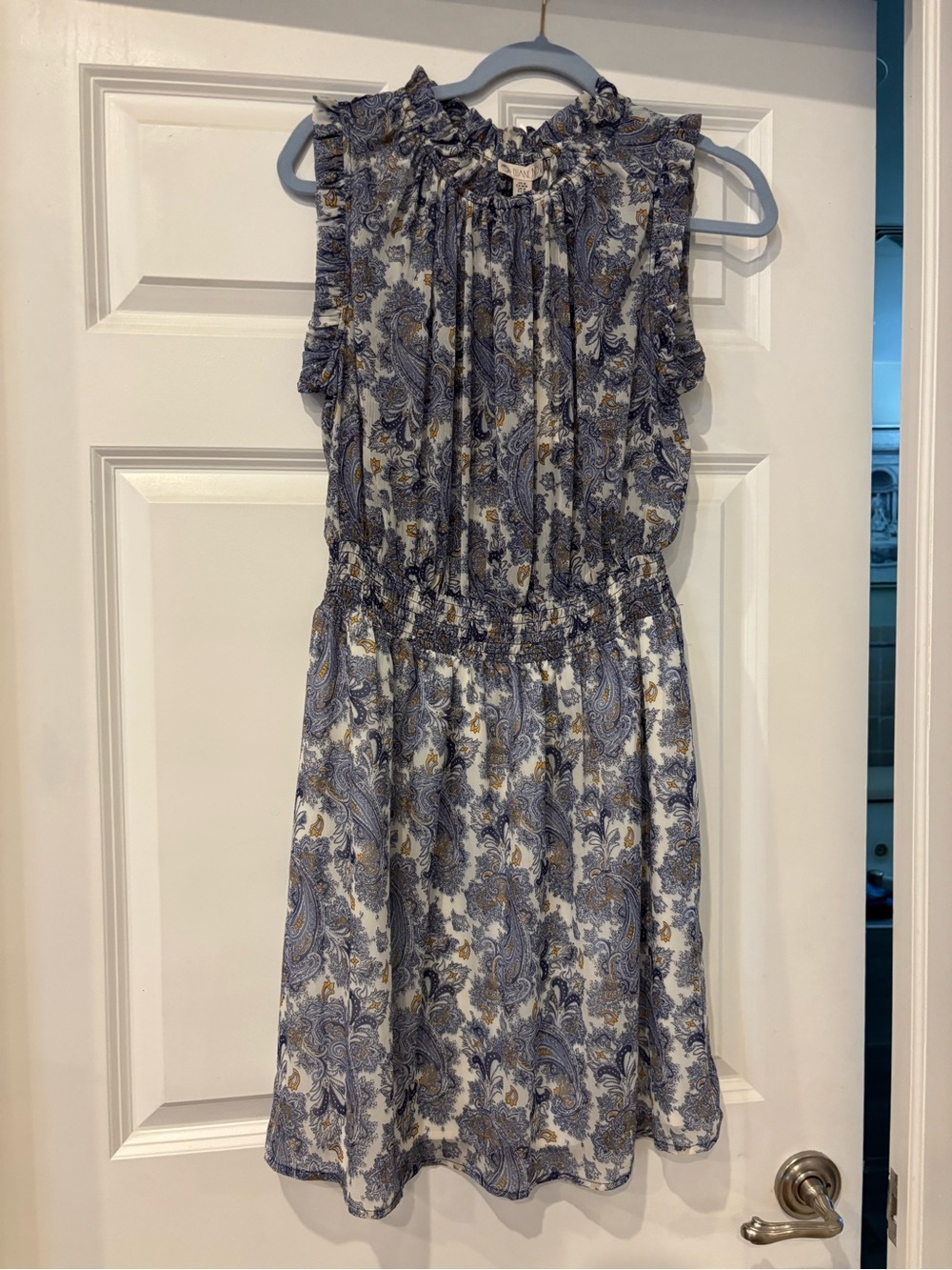 Blue Paisley Ruffle-Neck Mini Dress